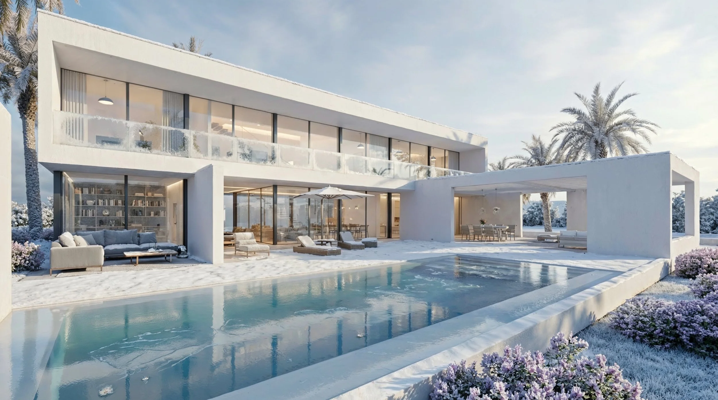 chalet con piscina en invierno