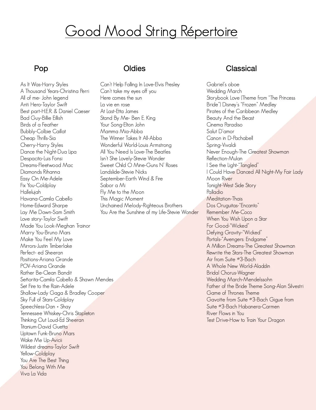 List of songs under three categories: Pop, Oldies, and Classical, titled 'Good Mood String Repertoire'.