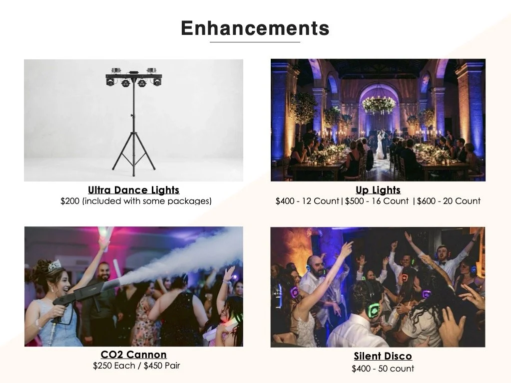 A flyer advertising party lighting and equipment, including Ultra Dance Lights, Up Lights, a CO2 Cannon, and Silent Disco, with prices and quantities.