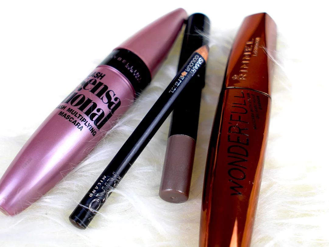 Maybelline Lash Sensational Mascara, Kiko Eyeliner, De Bruyere Jumbo Eye Pencil, and Rimmel Wonder'Full Mascara