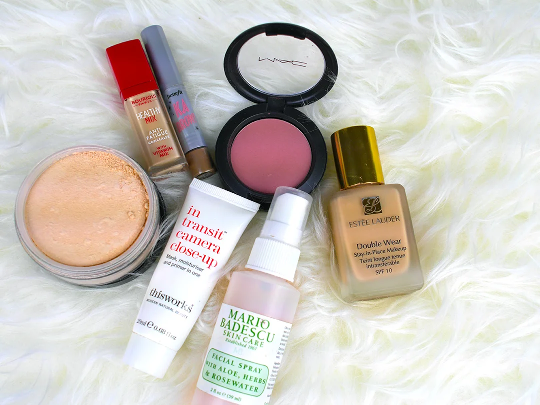 Collection Sheer Loose Powder, Bourjois Healthy Mix Concealer, Benefit KaBrow, MAC Blushbaby, This Works In Transit Camera Close Up Primer, Mario Badescu Facial Spray with Aloe, Herbs, & Rosewater, Estee Lauder Double Wear Foundation 