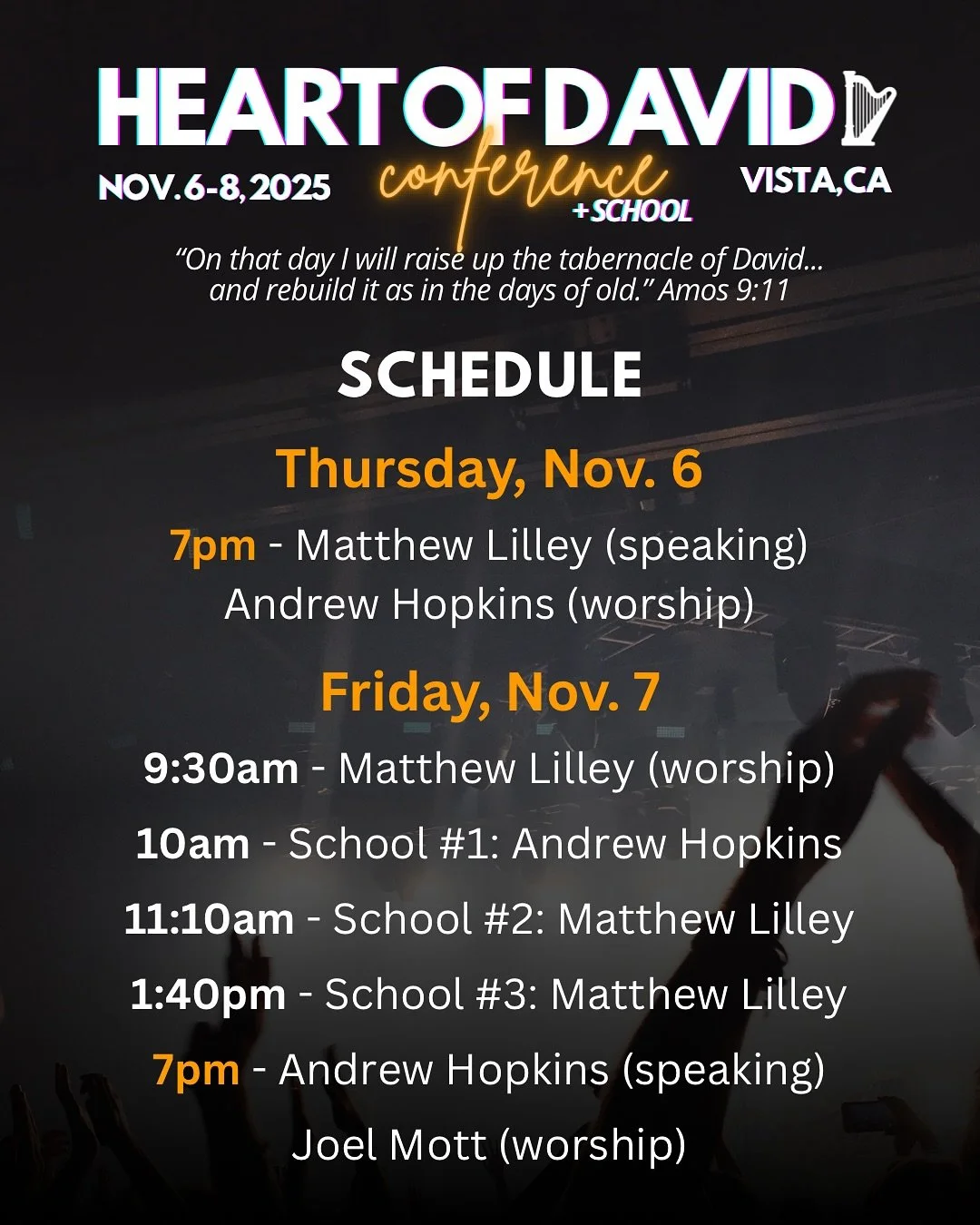 Heart of David Conference + School 🪉🔥
Nov. 6&ndash;8 @revchurch.sd &bull; Vista, CA

Don&rsquo;t miss this opportunity to be equipped and empowered to host the Presence of God!

🎟️ Nights are FREE &bull; School sessions are ticketed
🕰️ Breaks bet