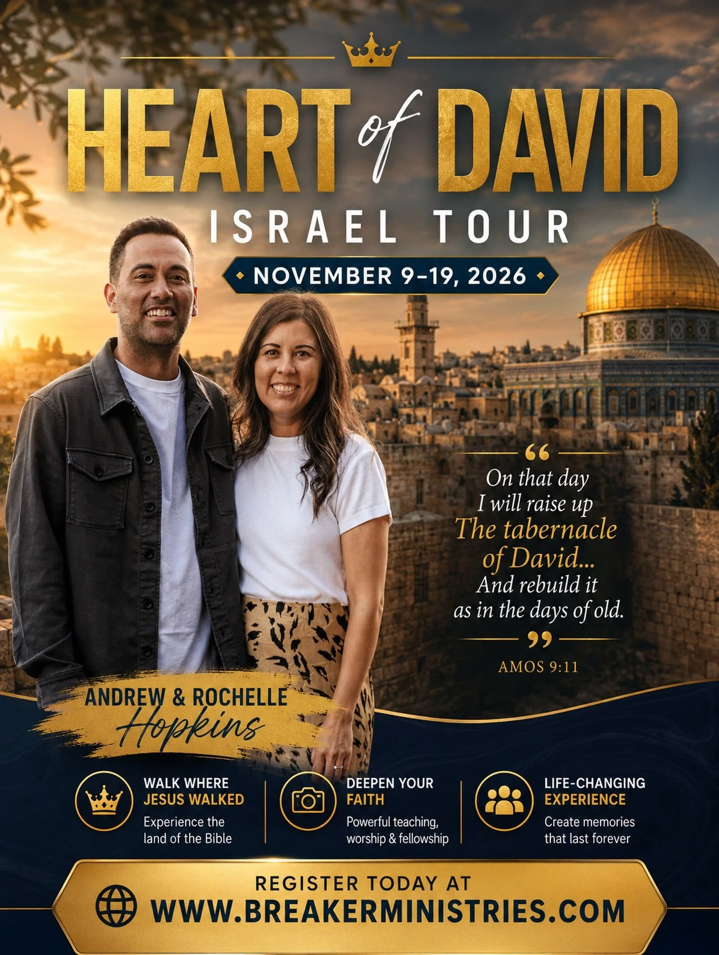 We&rsquo;re excited to announce the Heart of David Israel Tour 🇮🇱 2026! This will be an unforgettable time in the holy land. 

What if you could worship Jesus in the land of the Bible, walk where He walked, and experience the places where God&rsquo