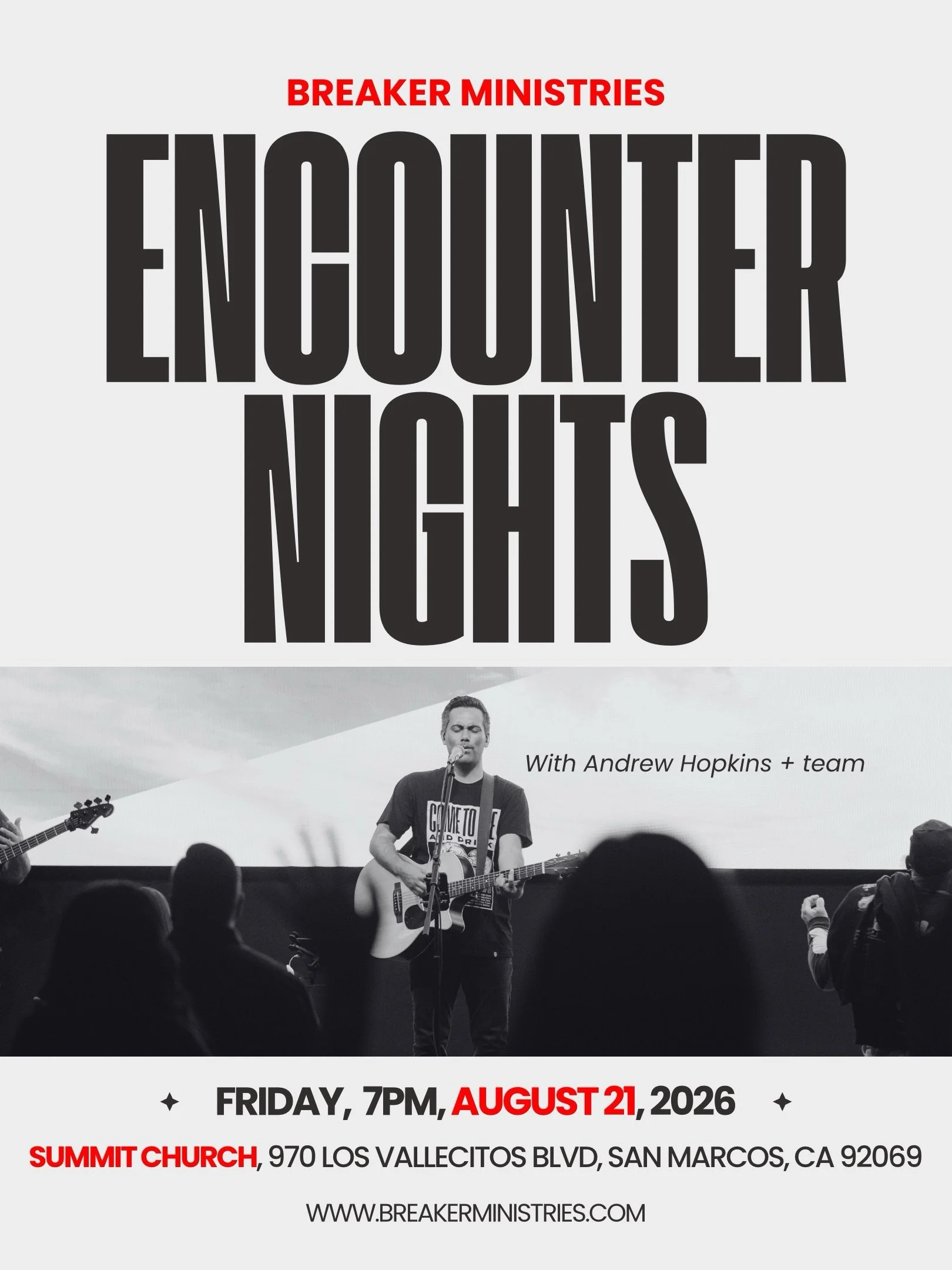 Breaker Ministries ENCOUNTER nights! 😤🔥

August 21 - Summit Church, San Marcos
September 4 - Harvest House, Fallbrook
October 2 - The Kay&rsquo;s, San Marcos (special guest @randykayministries author of Heaven Encounters)

These nights are marked b