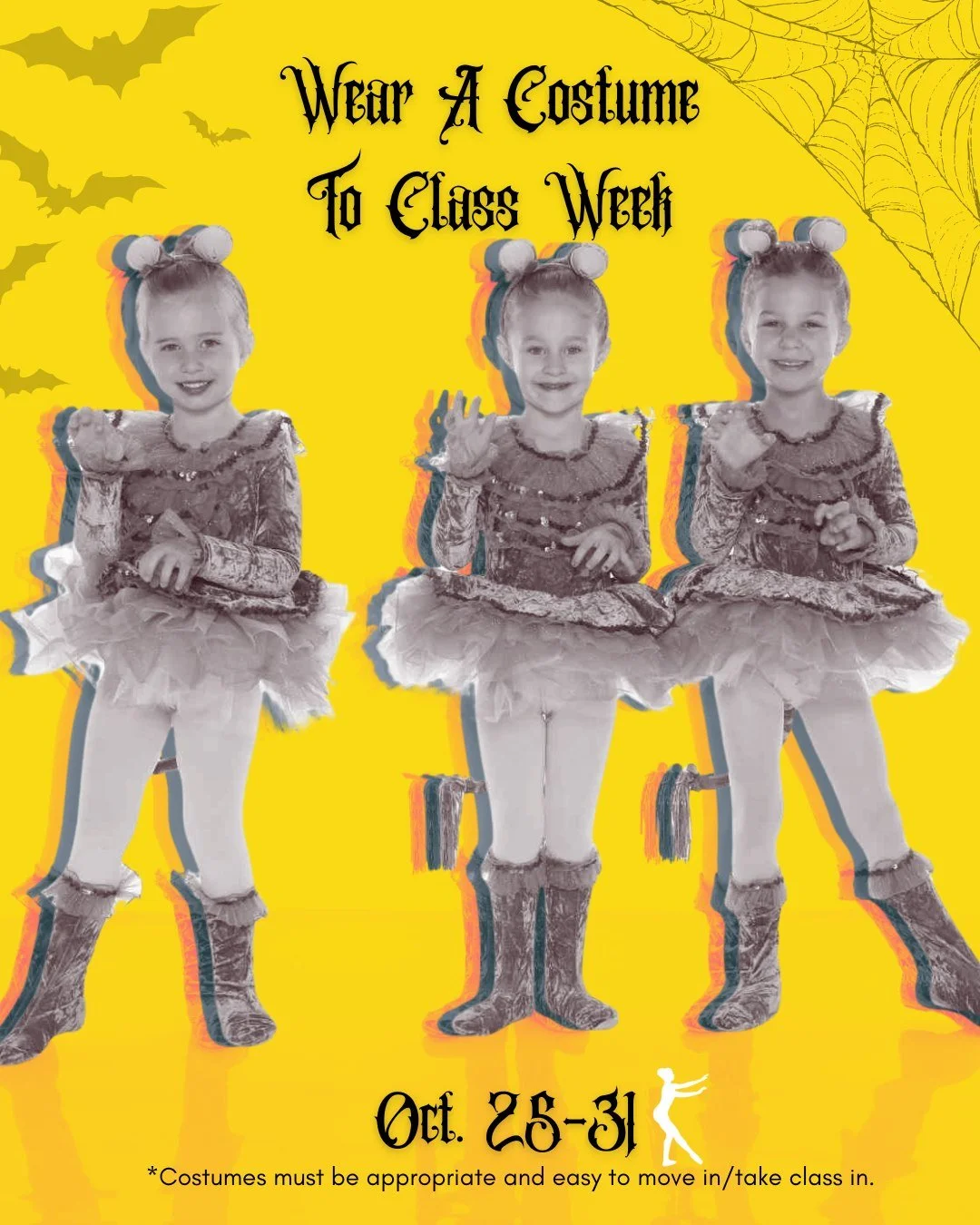 Next week you might see some interesting characters around the studio! October 25-31 is Wear A Costume to Class Week at Monona Academy of Dance! Dancers are welcome to wear a costume of choice to their dance class as long as:

1) It must be appropria