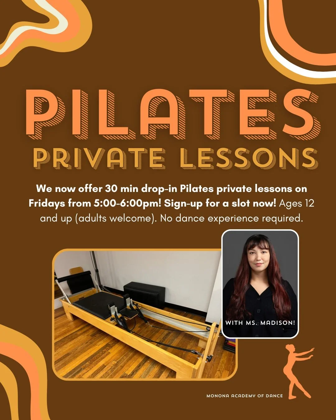 Exciting announcement!

Starting in February we will have Pilates Drop-in Privates on Friday evenings! Some of you know Ms. Madison is one of our dance instructors, but did you know that she's also certified in Pilates? You can now take Pilates lesso