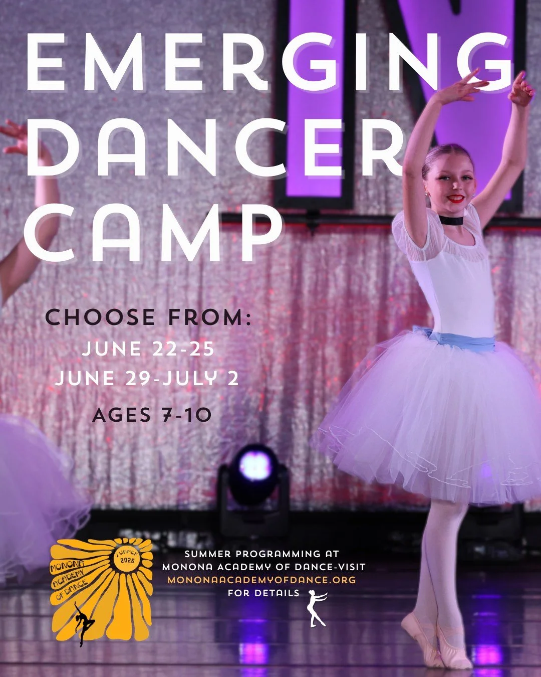 ⭐ EMERGING DANCER CAMP

Do you have a focused, young dancer that would like to take their technique to the next level? We have a camp that has a full day of dancing, exposure to a variety of dance styles, and the chance to work with guest instructors