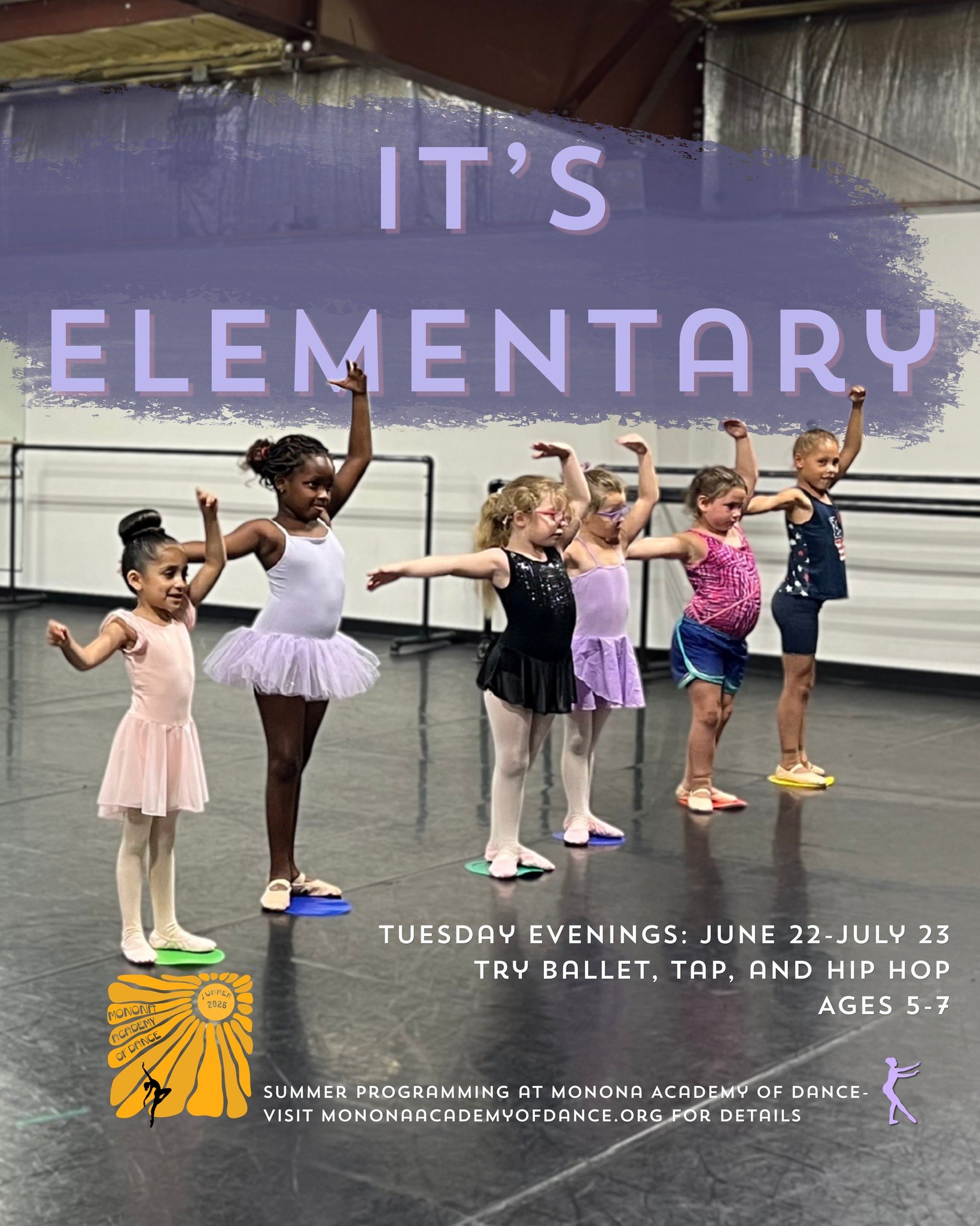 🍎🎒It's Elementary

Let's start at the very beginning...a very good place to start! The perfect place to introduce a 5-7yr old to the basics of ballet, tap, and hip hop!  It's Elementary is an hour long class that covers a little bit of each dance s