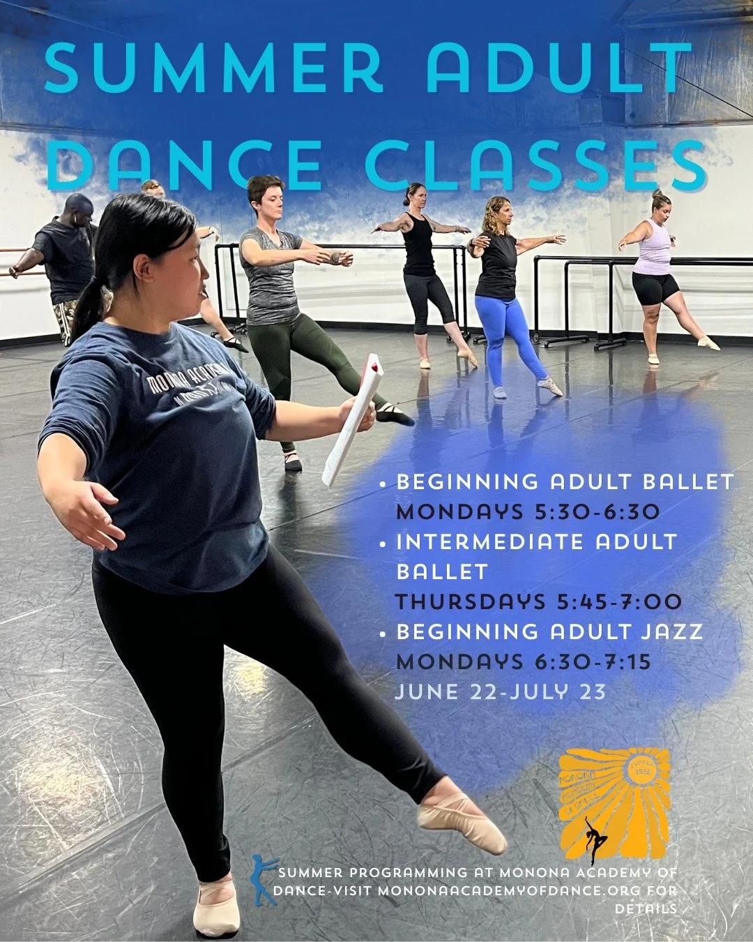 Summer Teen/Adult Classes- Ballet &amp; Jazz

Are you looking to try something new this summer? Want to get in a good workout while dancing with a friend or meeting new people? Join us for our 5 week courses in dance! We have classes open to ages 13 
