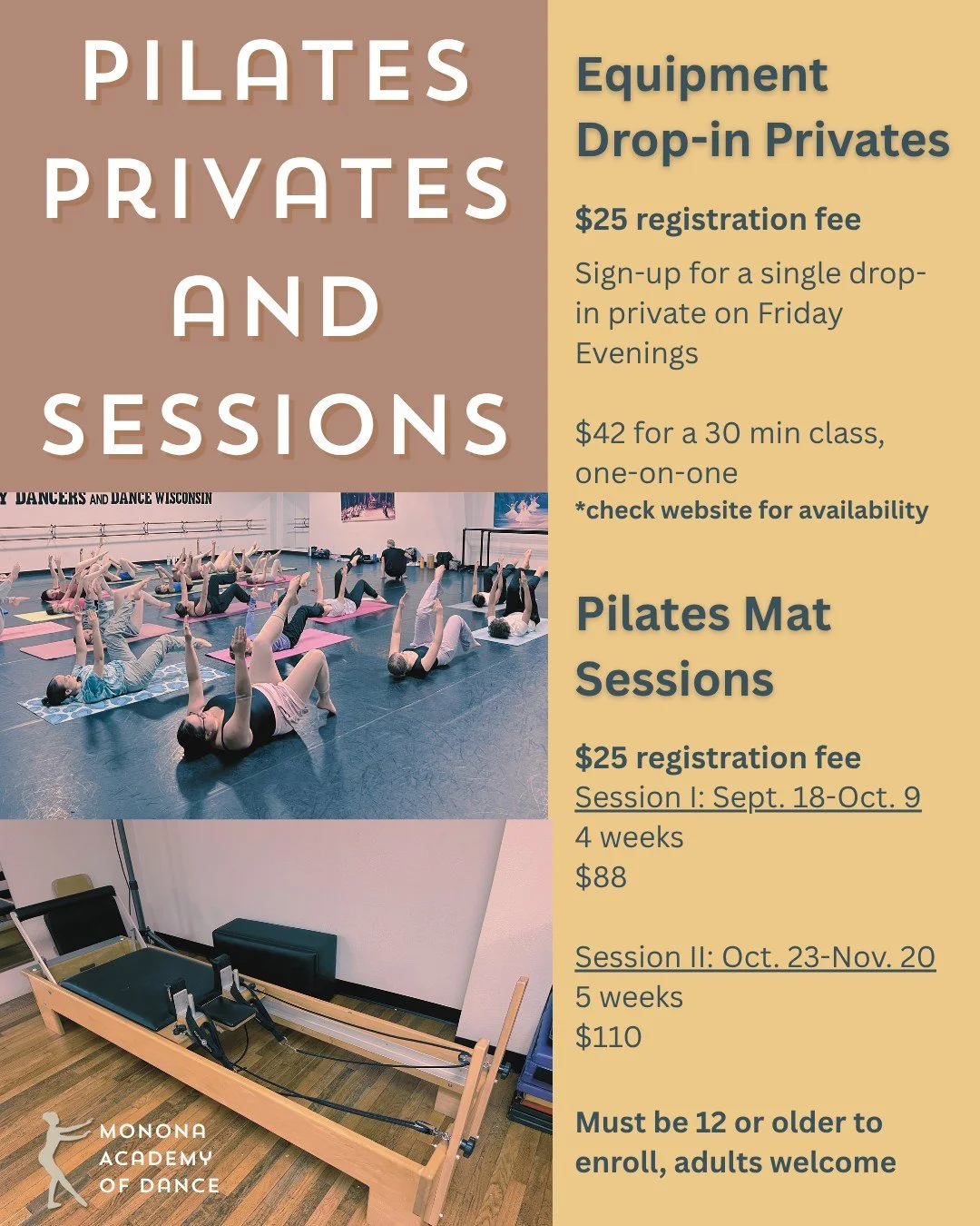 Announcing PILATES SESSIONS and PRIVATES! 

Grab a friend and join us for a Pilates Mat Session this fall, or put the focus on you and  go one-on-one in a Pilates Equipment Private! Pilates is about finding control and alignment within the body. Whet