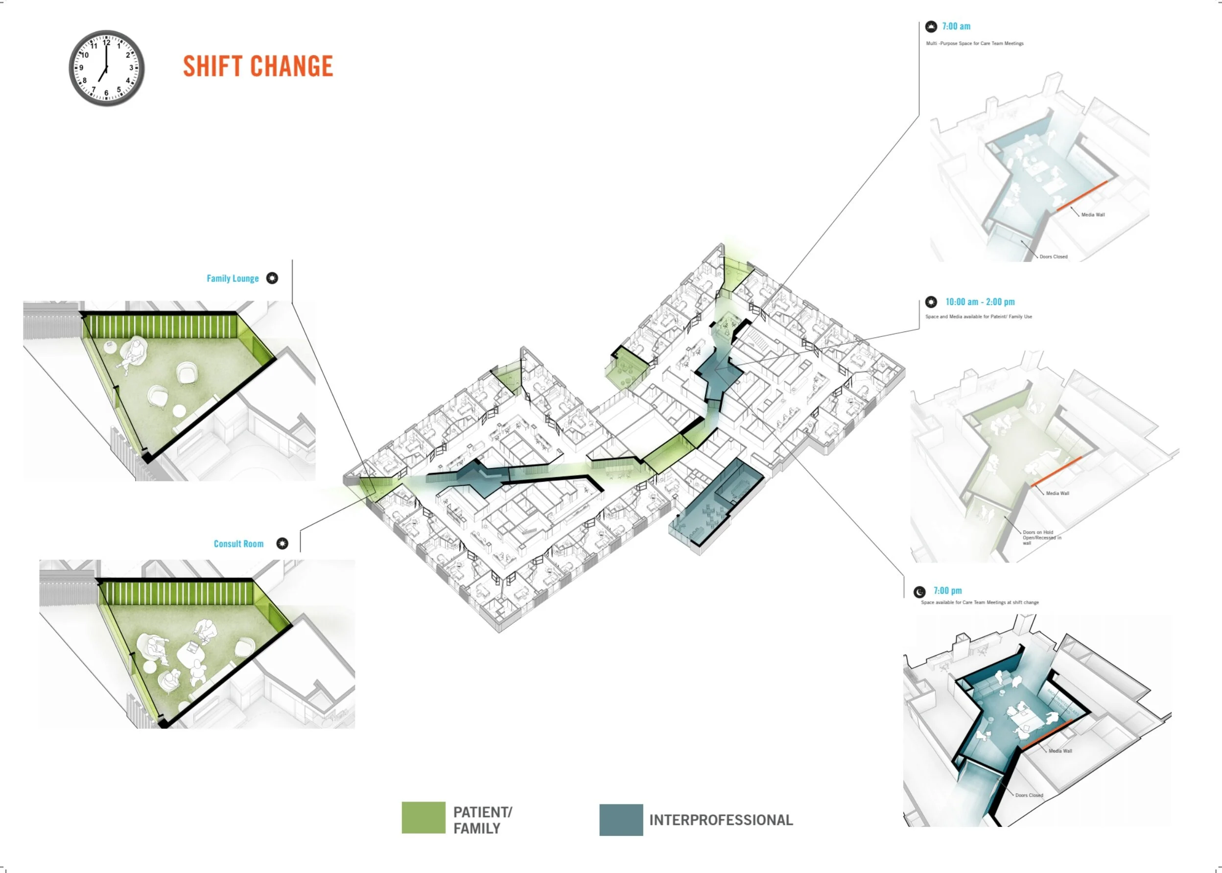  These diagrams illustrate various ways gathering spaces can support a patients family and hospital staff during the workday. The diagrams illustrate my visual storytelling abilities.   To view a full presentation on the interior design strategy for 