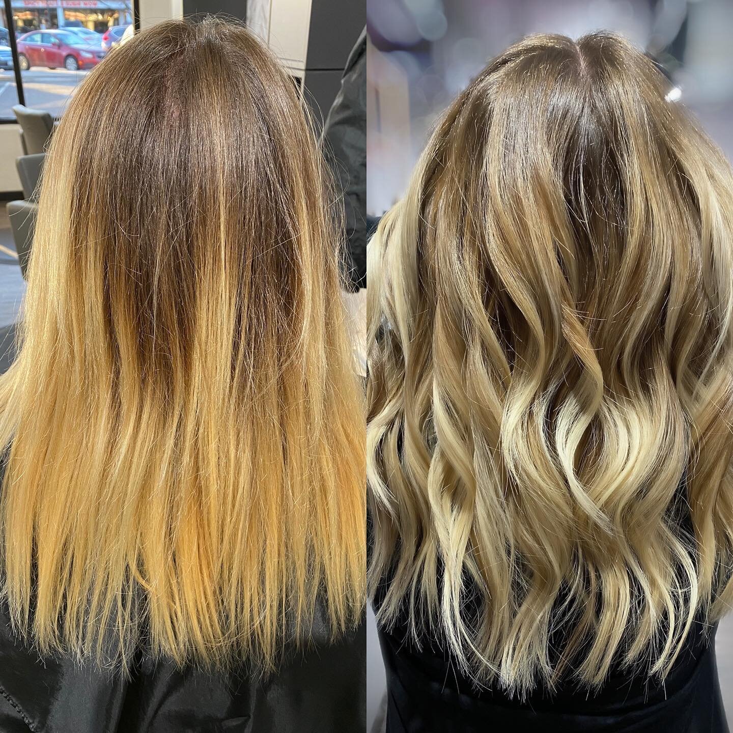 This before and after was a real treat. Only one session in and we&rsquo;re looking much more natural.
&bull;
&bull;
&bull;
Full head of open air balayage using @schwarzkopfusa blondeme
@wella 7/07 with 10 vol, 8/01 with 20 vol
and toned with @redken