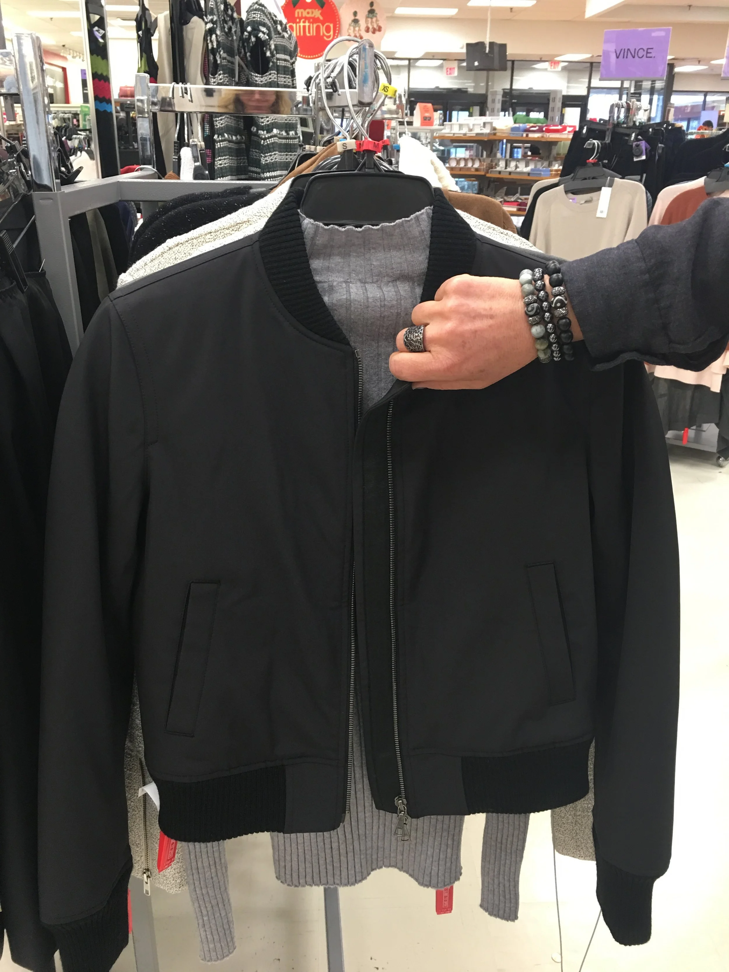 Found this Theory bomber jacket at TJ Maxx - a bargain at $150! Wear over a t-shirt or silky tank. One of our favorite looks this season.