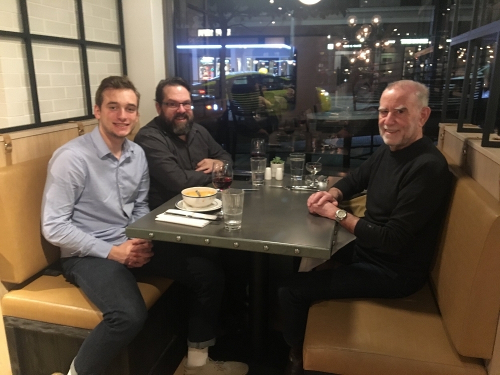 Thanksgiving 2017. From the right, Ron Schoenberg; Joel Schoenberg, Ron's son; Sam Schoenberg, Joel's son. We're enjoying a prix fixe dinner at the All Water's Restaurant in Downtown Seattle. 