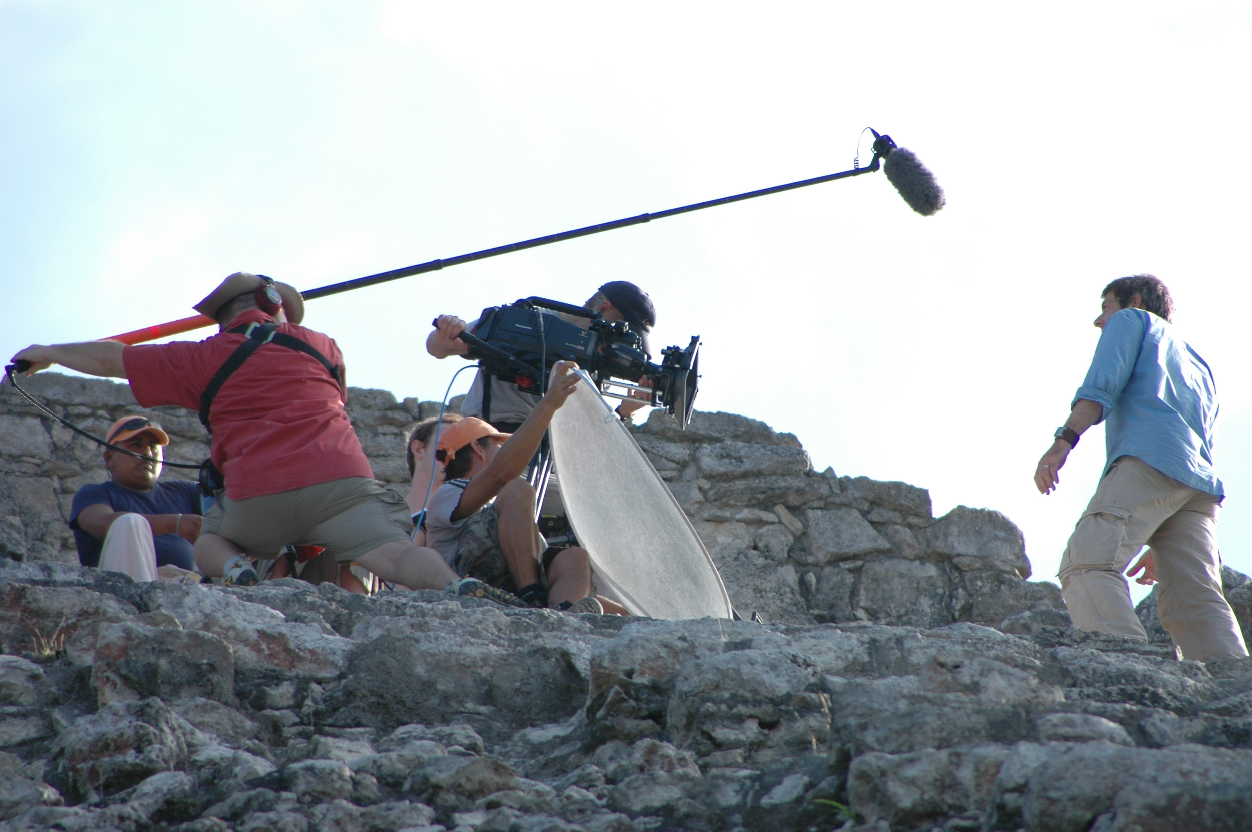 Adam and Sound Recordist Bob Freeman with Ian Stewart on a pyramid at Tulum.