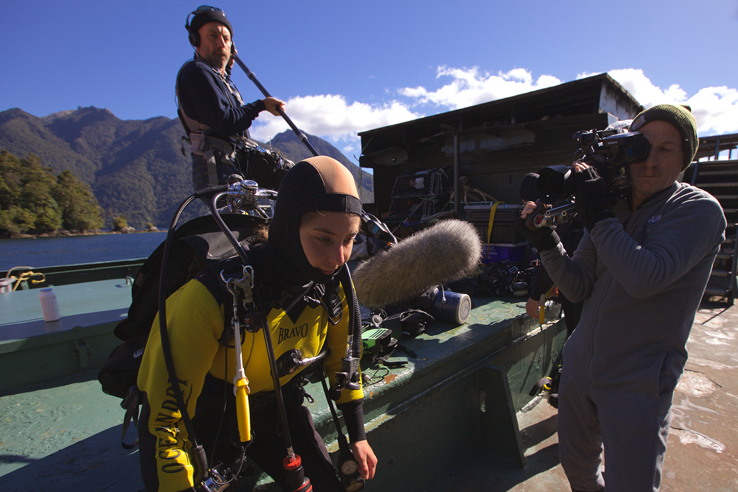 Sound recordist Ant Nevison and Director Adam Geiger film Jenny as she returns to the remote site of her Sevengill shark attack.