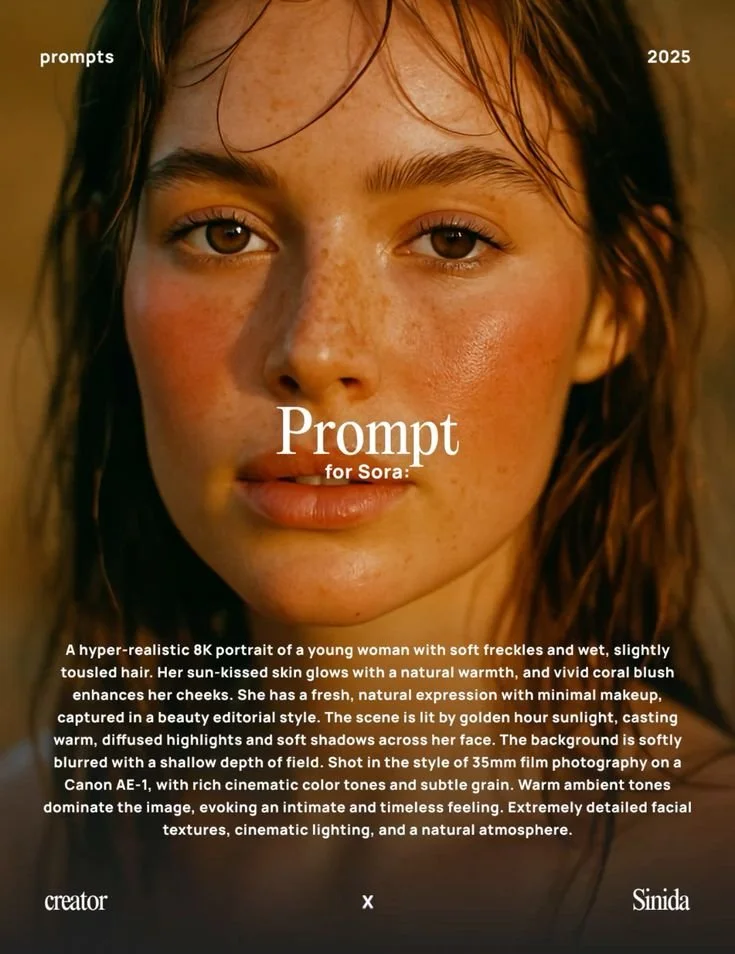 Portrait hyper-réaliste d'une jeune femme avec des taches de rousseur et des cheveux mouillés, prise en lumière dorée, style éditorial de beauté, fond flou, couleurs cinématographiques chaudes.