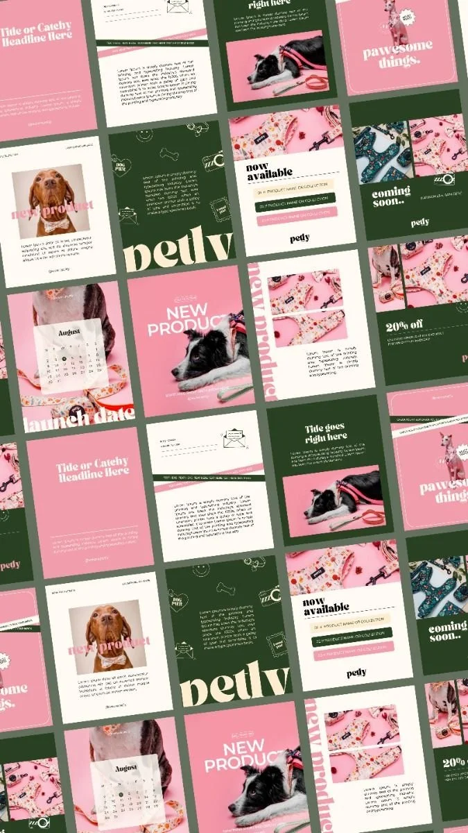 Collage de plusieurs affiches promotionnelles pour des produits pour animaux, incluant des chiens et des accessoires pour animaux, avec des éléments de texte en anglais sur un fond rose, vert et blanc.