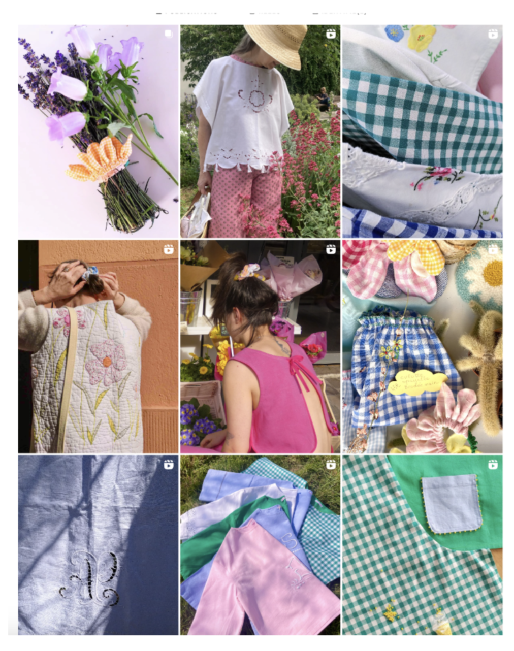 Exemple feed Instagram mode éthique Collage de neuf photos montrant des fleurs, des vêtements faits main et des textiles colorés.