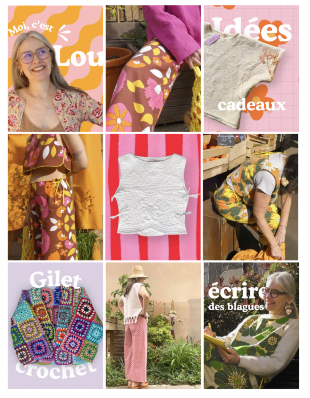 Exemple feed Instagram mode éthique  Collage de cinq photos de vêtements et d'activités créatives, avec des textes en français comme 'Moi, c'est Lou', 'Idées cadeaux', 'Gilet crochet', et 'écrire des blagues'.