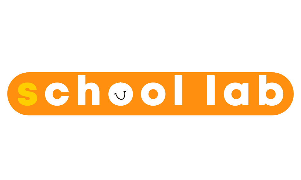 Logo de 'school lab' avec un fond orange, le mot 'school' avec un 'o' remplacé par un visage souriant