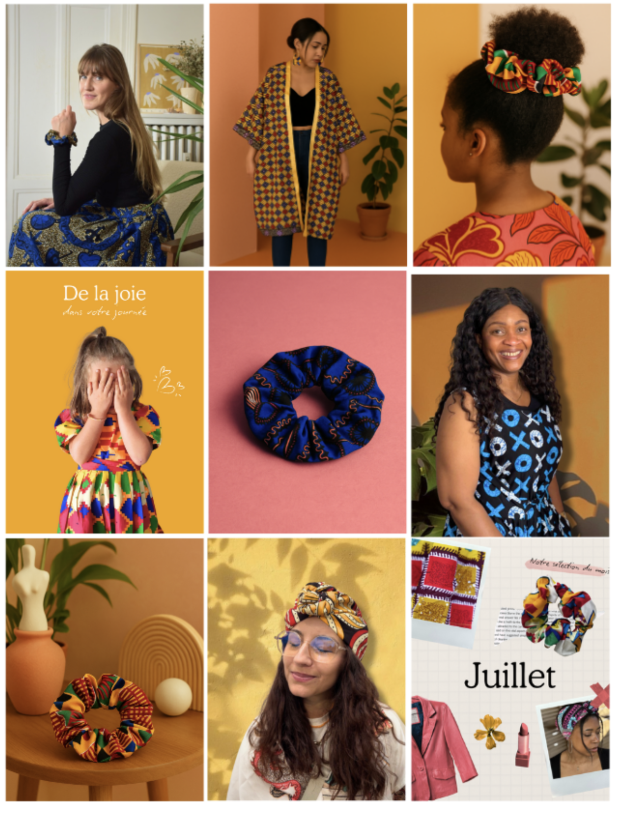 Exemple feed Instagram Collage de neuf images présentant des accessoires en tissu coloré, notamment des chouchous, des vêtements et des accessoires de mode, avec des personnes portant ou montrant ces articles dans divers contextes et couleurs vives.