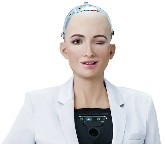 An image of Sophia , a social humanoid robot developed by Hanson Robotics.