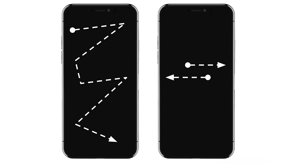 Two iPhones with illustration of gestures.