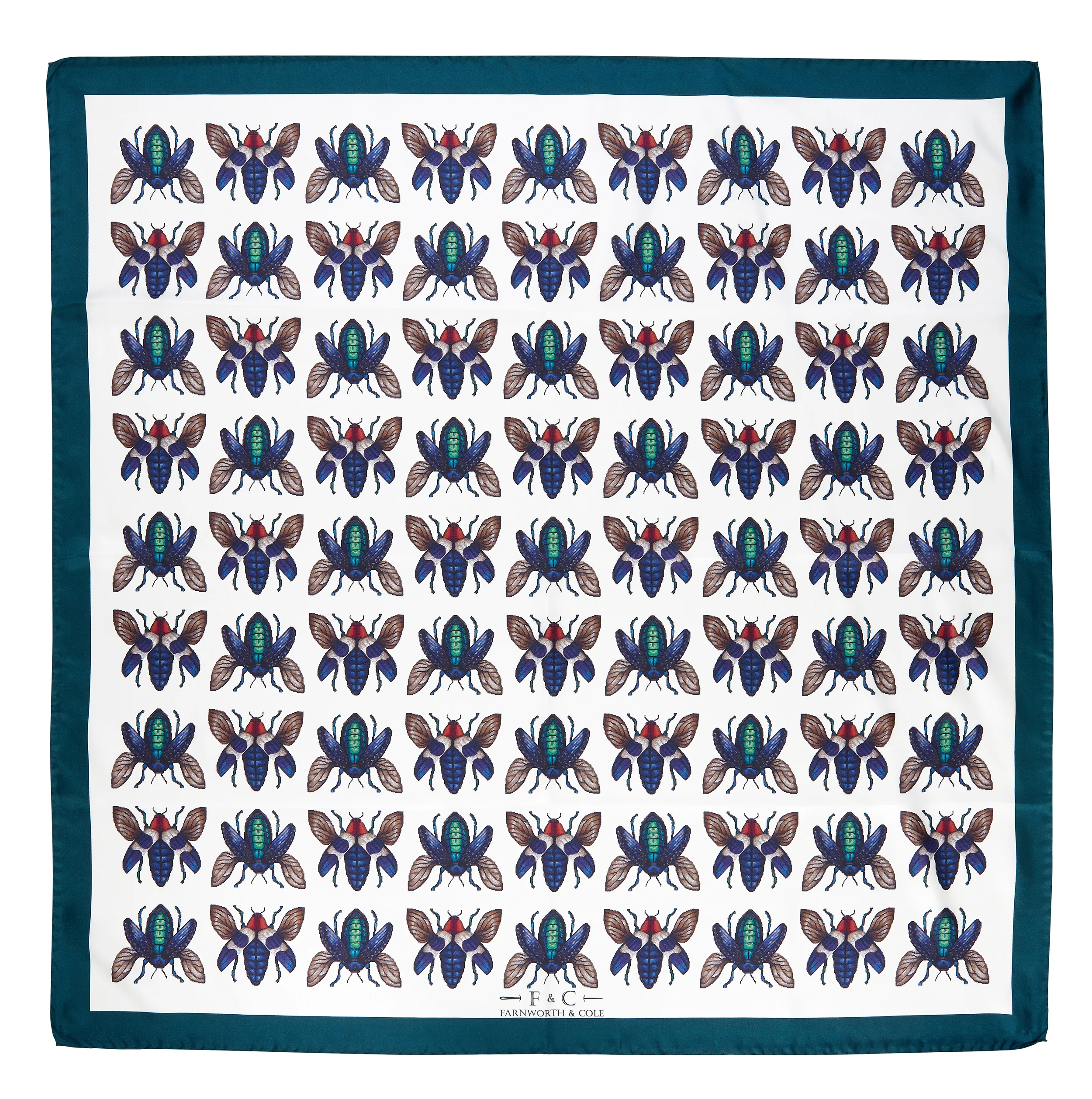 beautiful green and blue beetle pattern on italian silk scarf with hand rolled hems