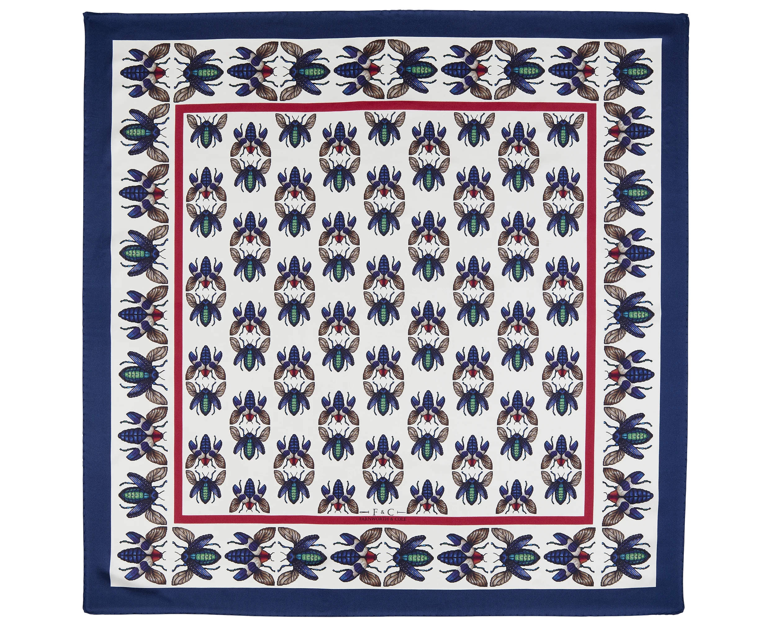 beautiful silk twill scarf with embroidered blue and green beetle pattern