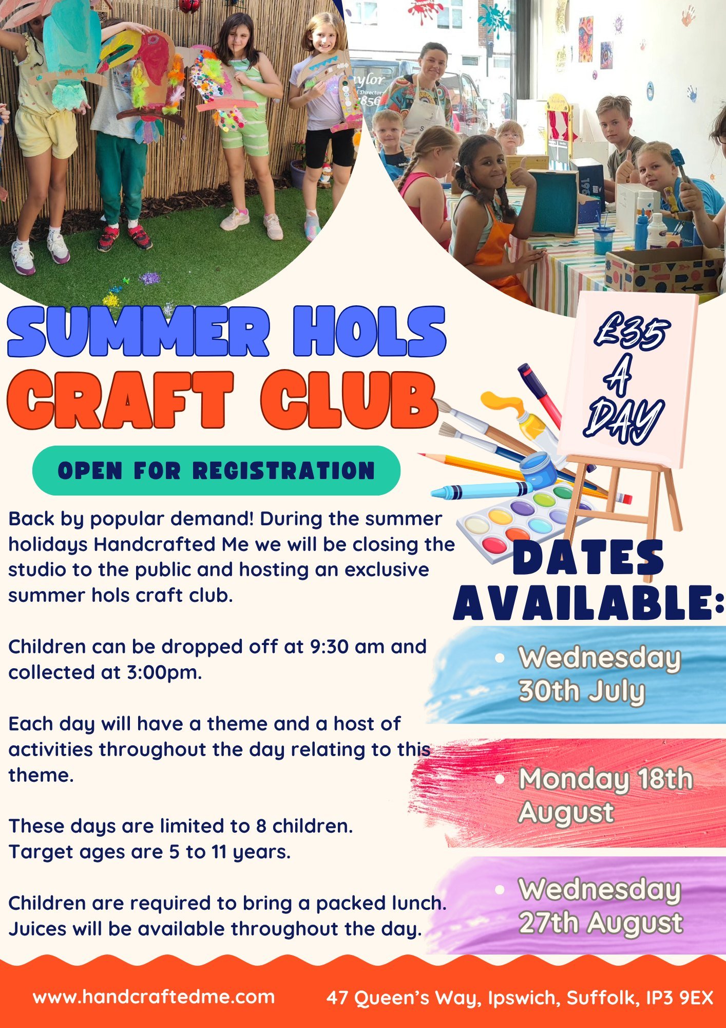 ☀️ Summer Holiday Craft Camps at Handcrafted Me!

Looking for an exciting way to keep your child creative and engaged this summer? Join us at Handcrafted Me for our all-day Summer Holiday Craft Camps, designed especially for primary school-aged child