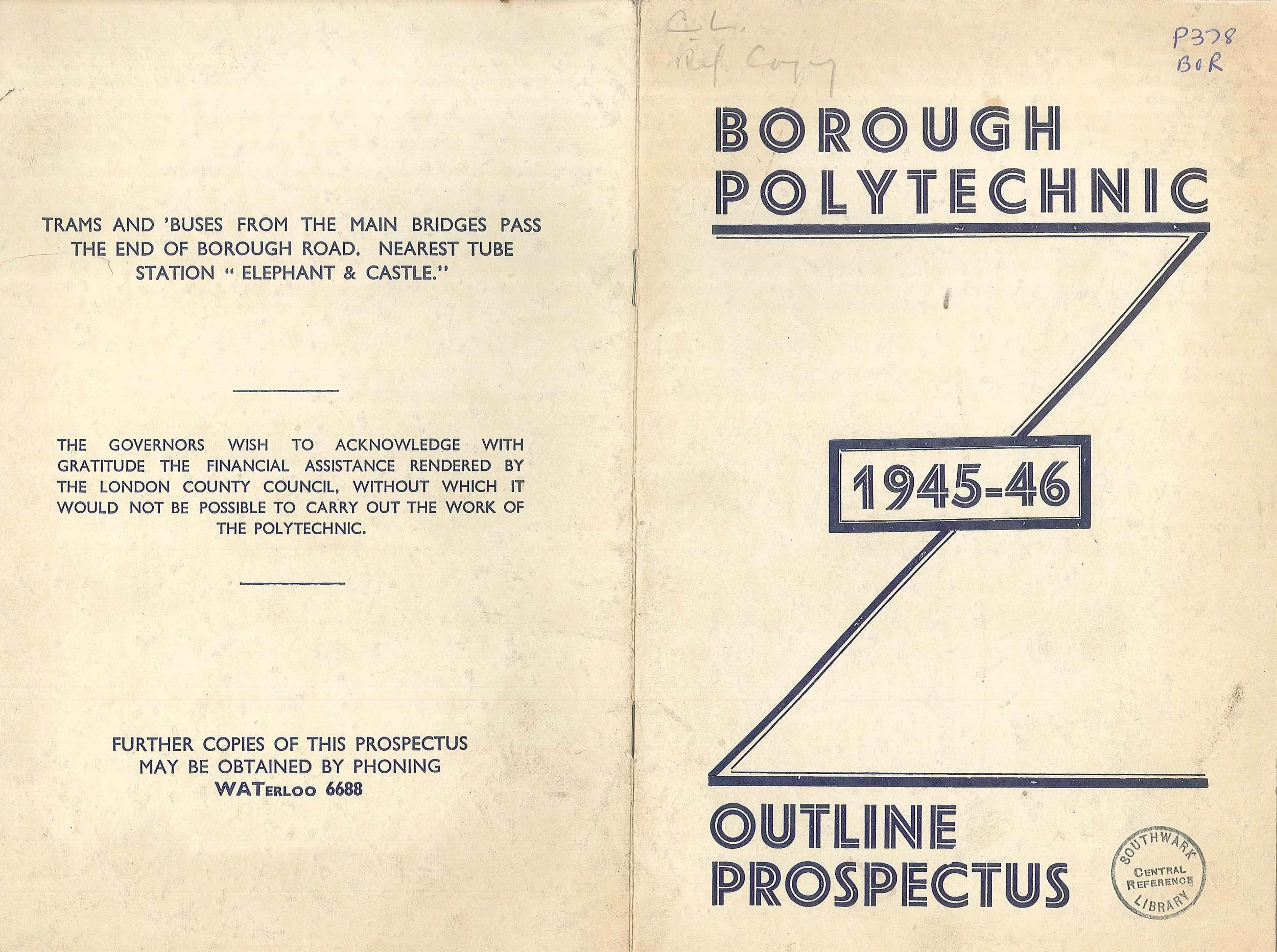 Borough Polytechnic Prospectus 1945 – 1946.The outline prospectus for the Borough Polytechnic in David Bomberg’s first year in teaching.