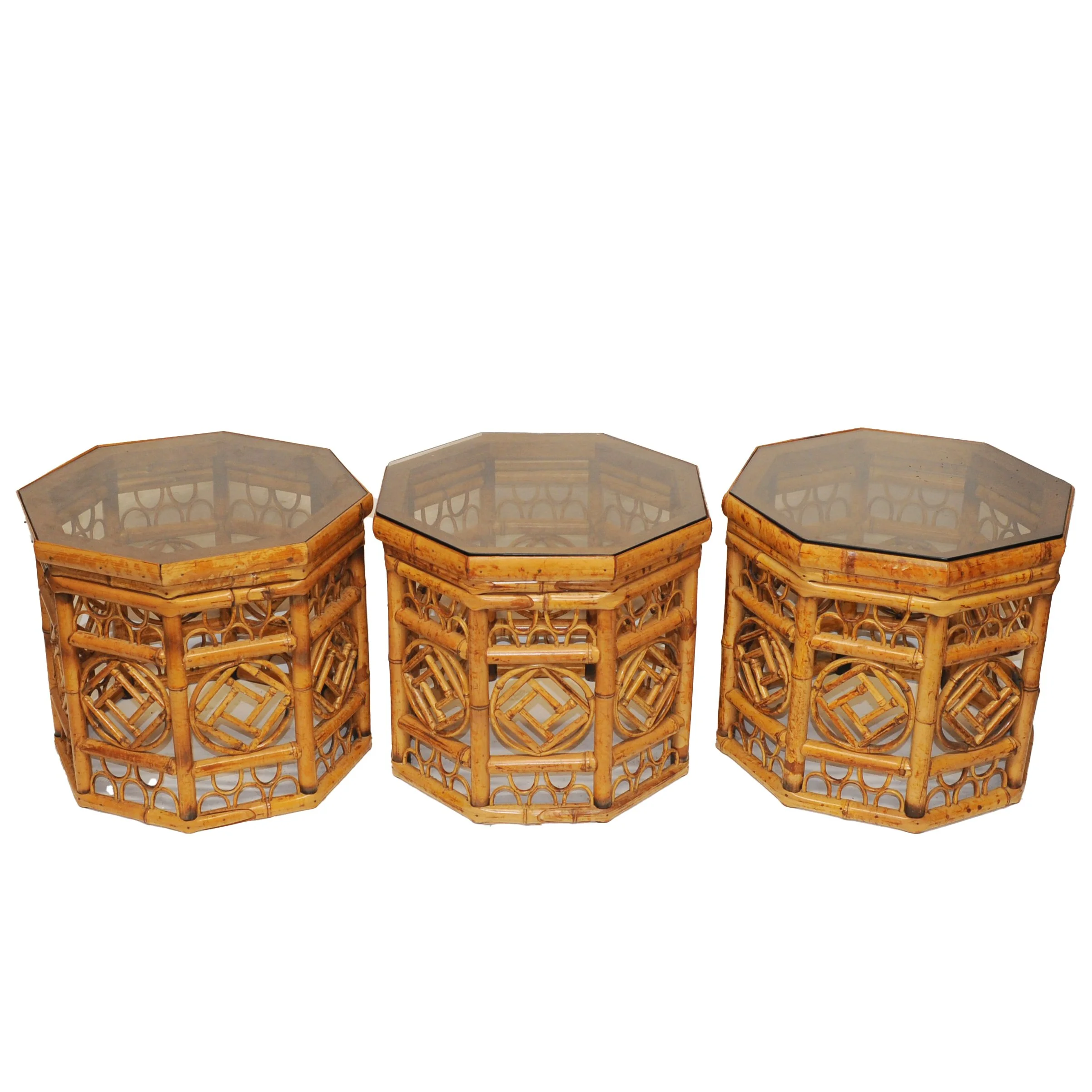 Hexagonal Bamboo Side Tables with Smoked Glass Top, 1970s, Set of 3