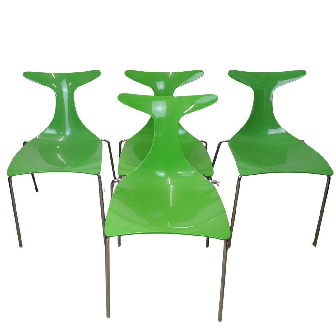 Italian Green Stacking Delfy Chairs by Gino Carollo for Ciacci Kreaty, 1980s, Set of 4