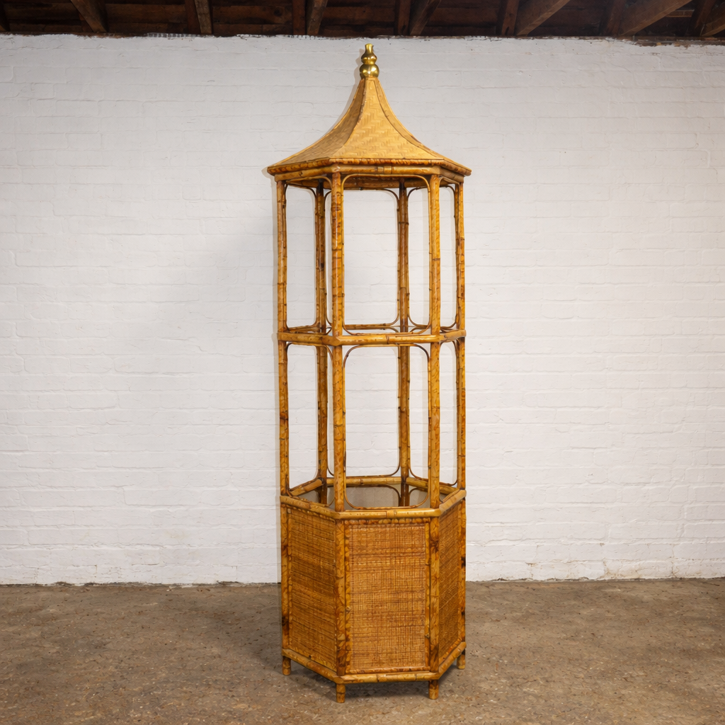 Vintage Pagoda Rattan Bamboo Etagere Display Shelf, 1970s