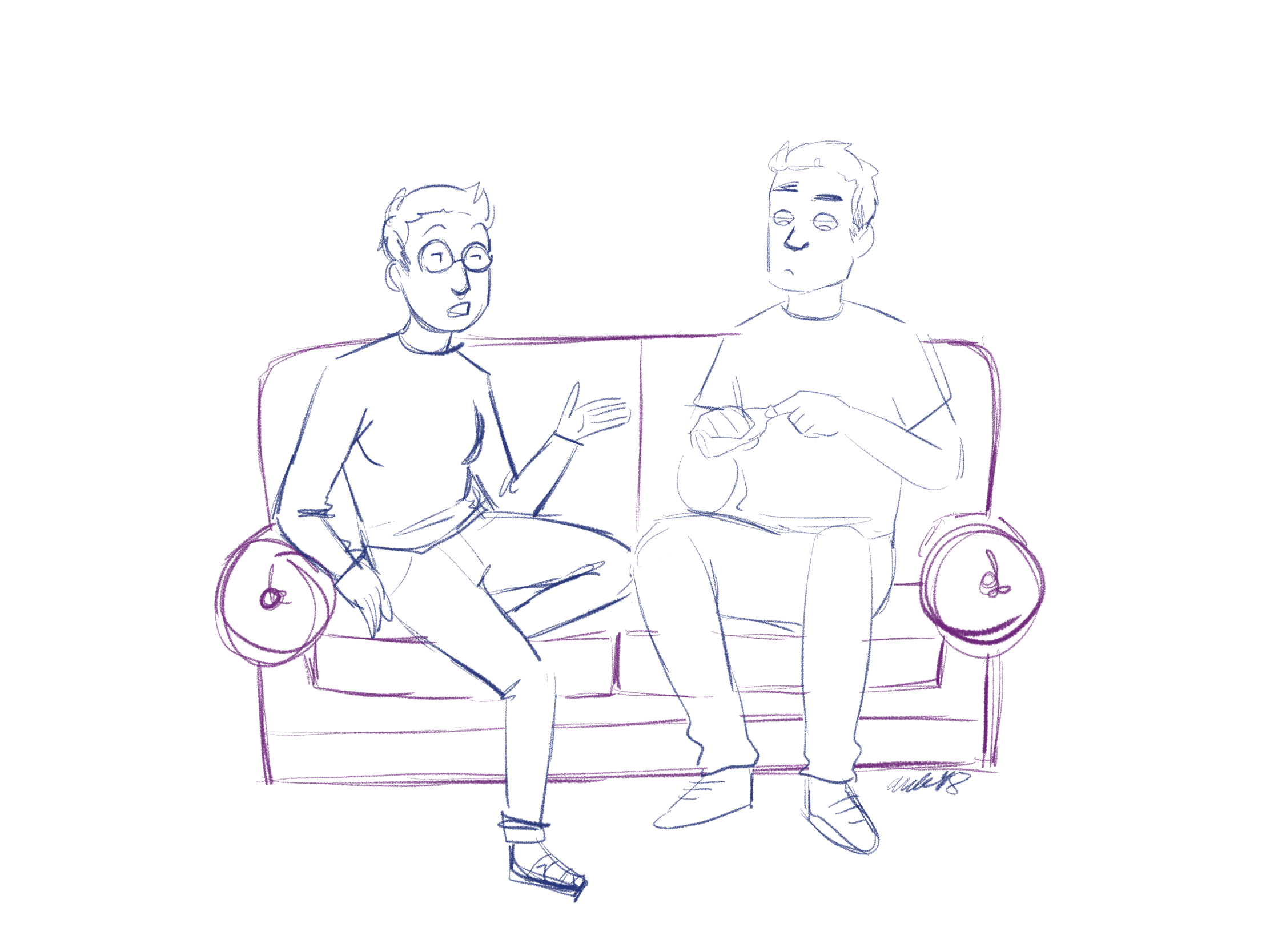 First sketch of me (left) and Drew (right.)
