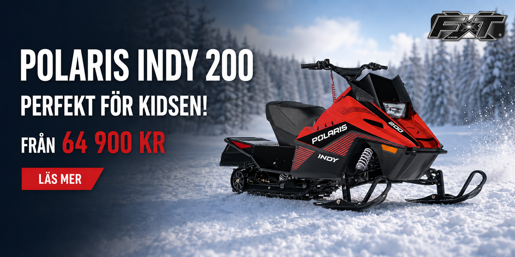 Röd Polaris INDY 200 barnsnöskoter i vinterlandskap, från 64 900 kr hos FXT Motor i Ockelbo.