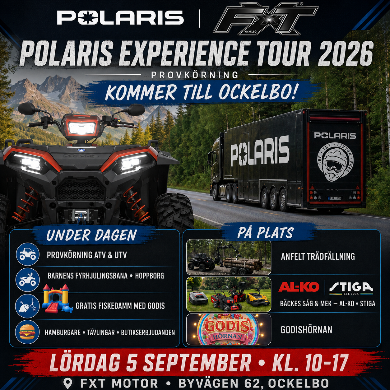 Evenemangsbild för Polaris Experience ORV hos FXT Motor i Ockelbo den 5 september 2026 med provkörning, familjeaktiviteter och utställare.