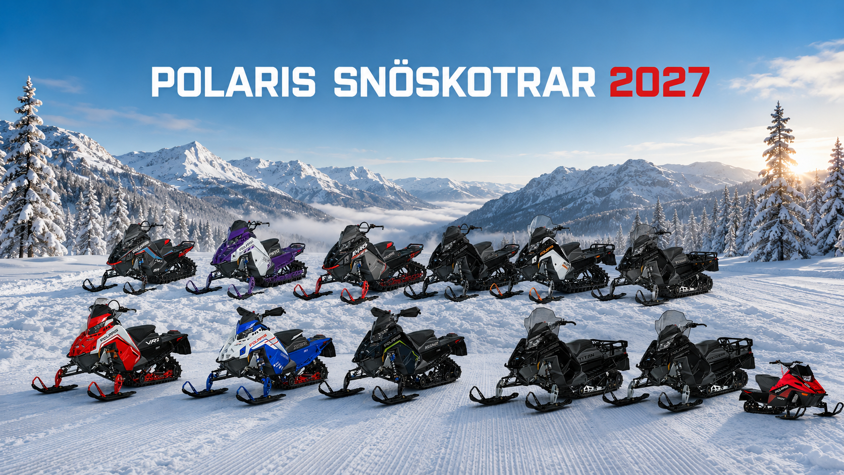 Polaris snöskotrar 2027 med modeller för lössnö, led, crossover, arbete, fritid och ungdom.
