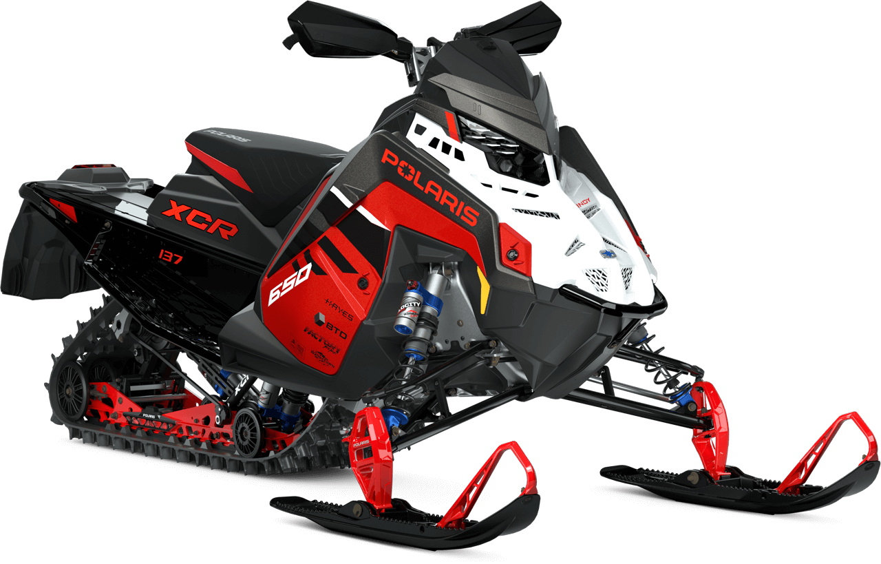 Polaris 650 INDY XCR 137 snöskoter i White Lightning/Indy Red, trailmodell med 650 cc Patriot-motor och 137” Cobra-matta