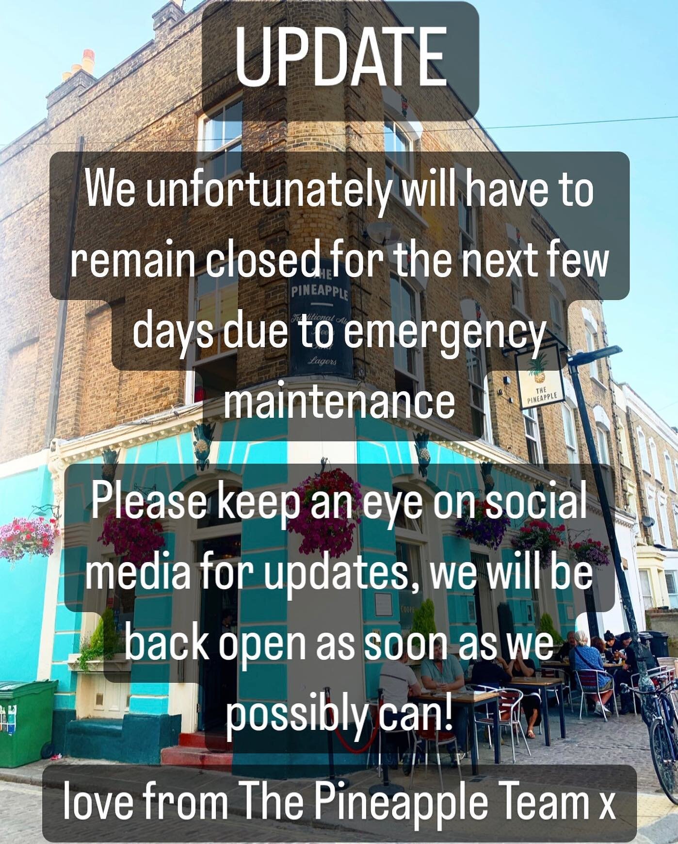 UPDATE

Unfortunately we have to remain closed for the next few days until further notice due to emergency maintenance. 

Please keep an eye on the social media for updates, we will be back as soon as possible! 

Love, The Pineapple Team x