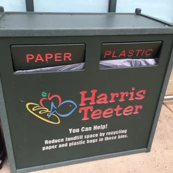 Participating stores like Harris Teeter provide recycling bins for plastic film.
