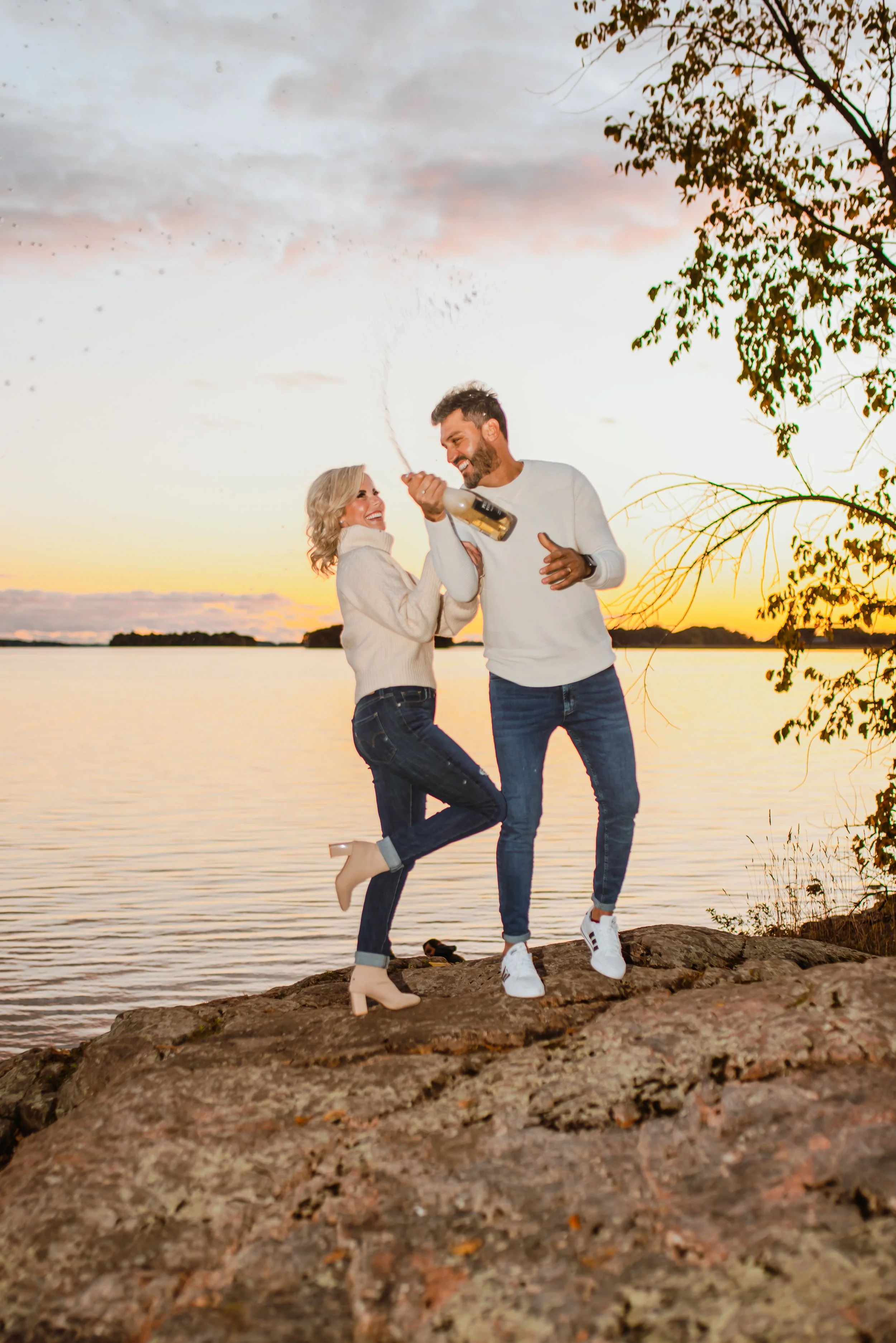 Dreamy engagement session champagne St. Lawrence River Landon's Bay Brockville, ON