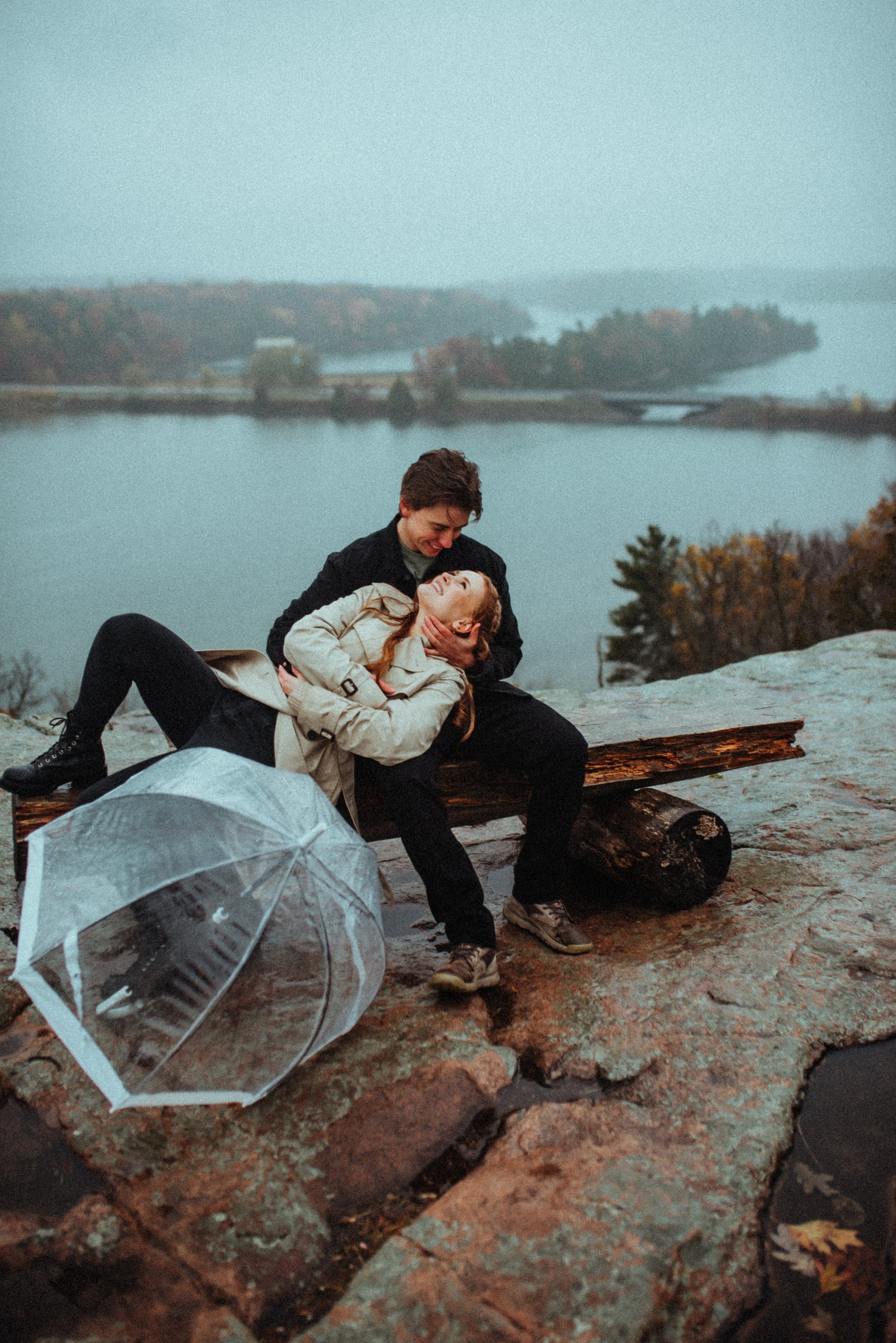 Rainy romantic engagement session clifftop St. Lawrence River Landon's Bay Brockville, ON