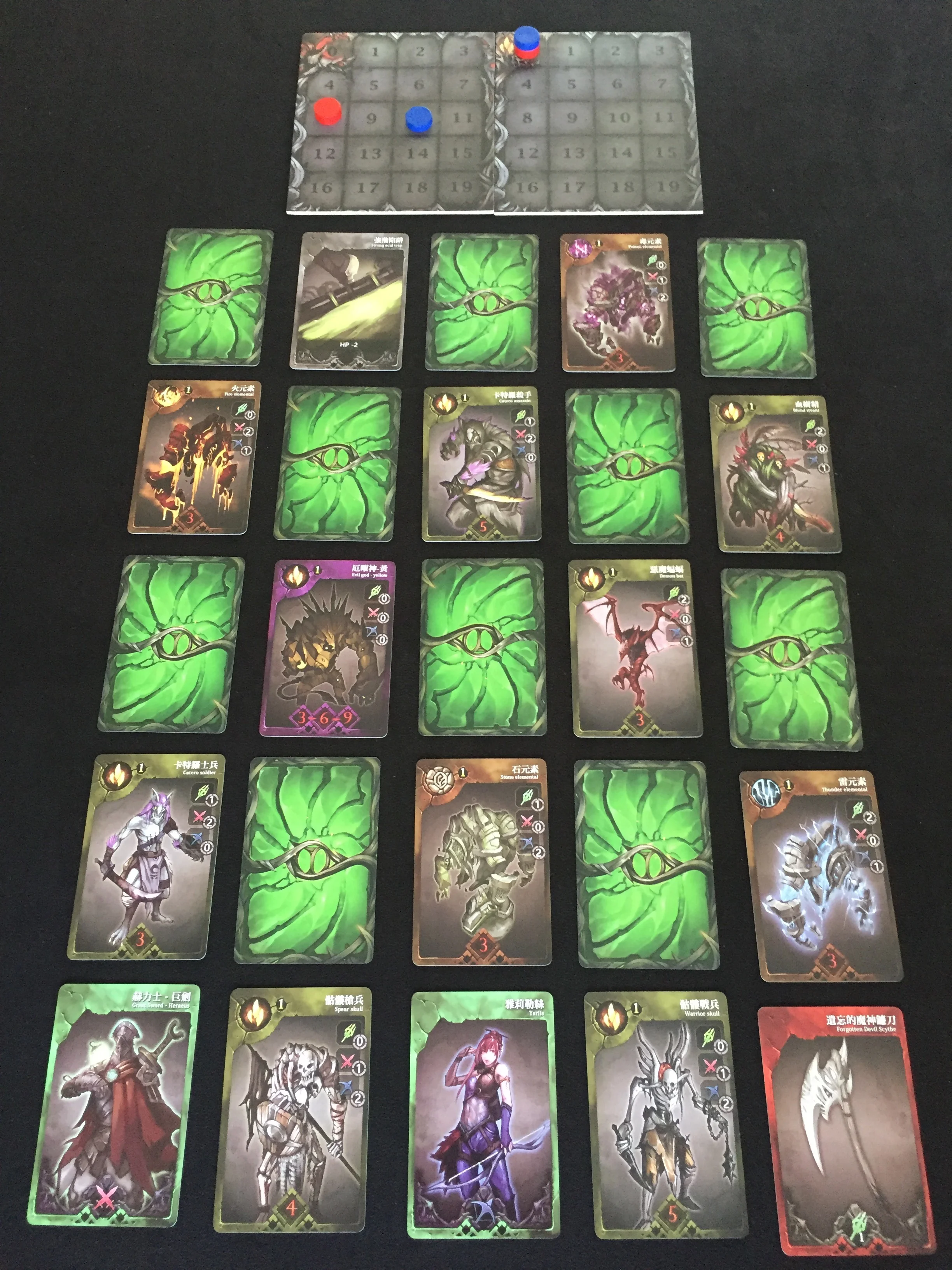 Game Setup: Each of the three dungeon floors consists of 25 cards—five columns of 5 cards each.