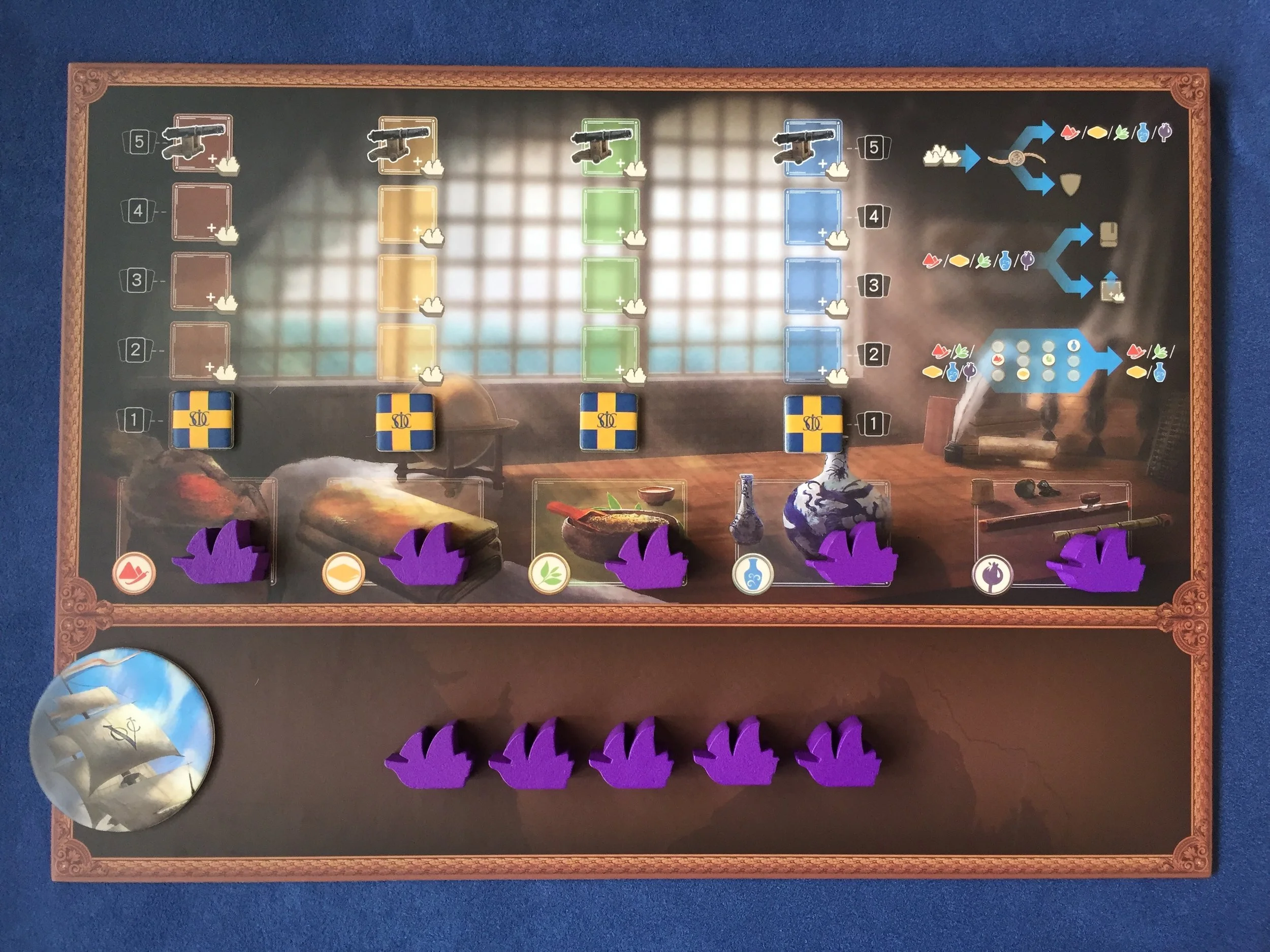 4 identical player boards. The 5th player expansion comes with purple ships!