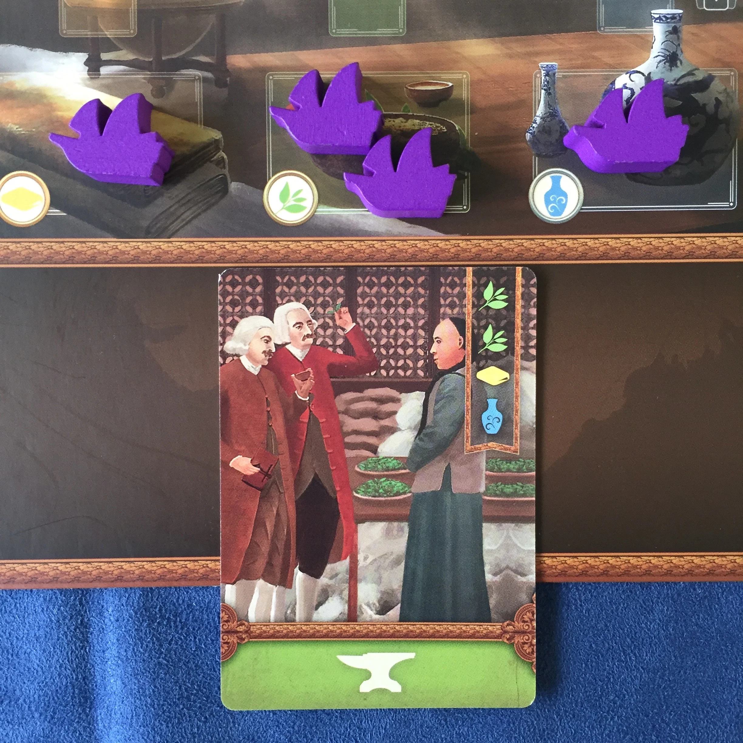 3. THE MEAT. Spend cargo ships to fulfill order cards. 1 cloth, 2 tea, & 1 china lets you haggle over prices in a market & gives you a green anvil, too! Good times.