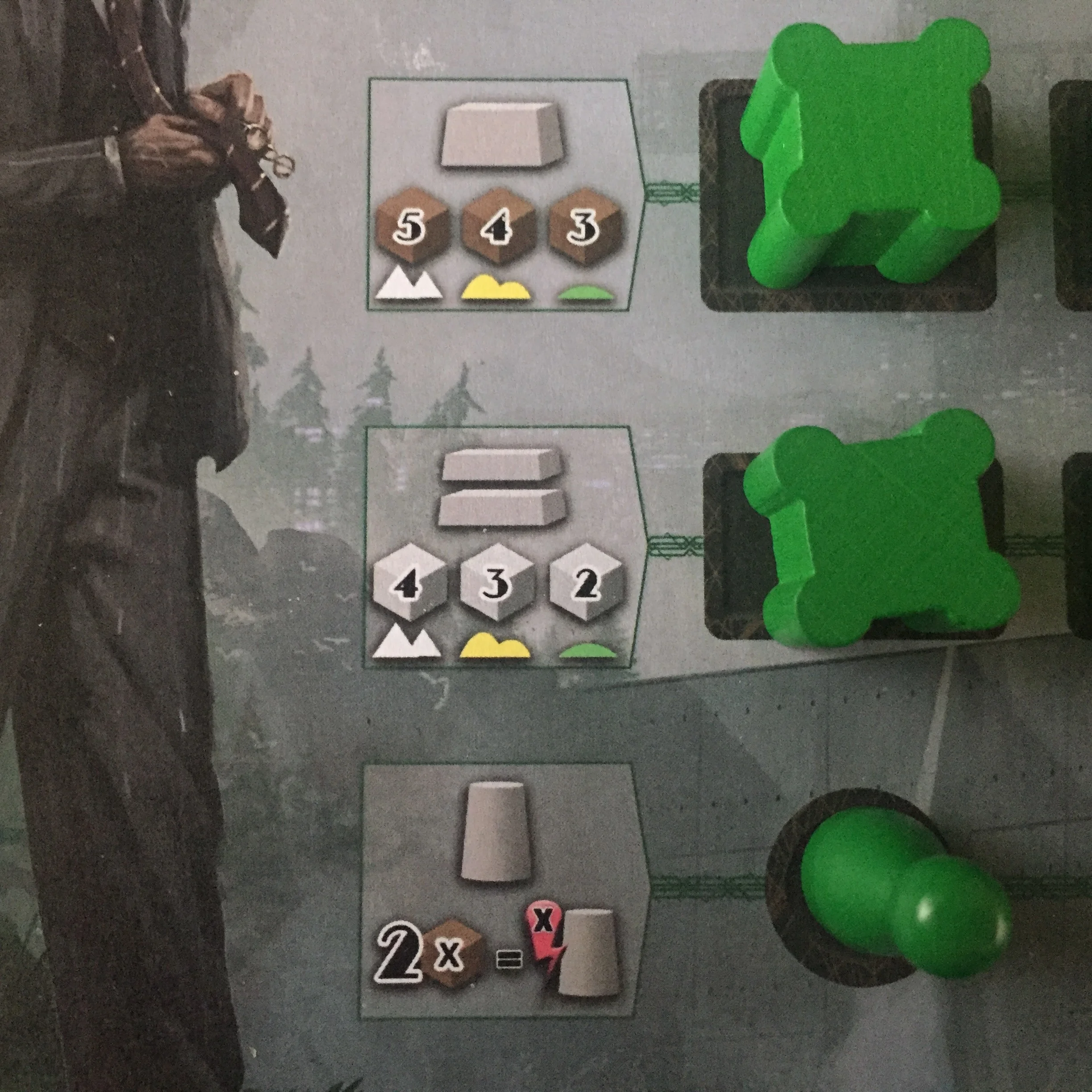 Intuitive iconography! Cost differences depending on whether you construct in the mountains, hills, or plains. 2 excavators times the conduit power marker equals the cost.