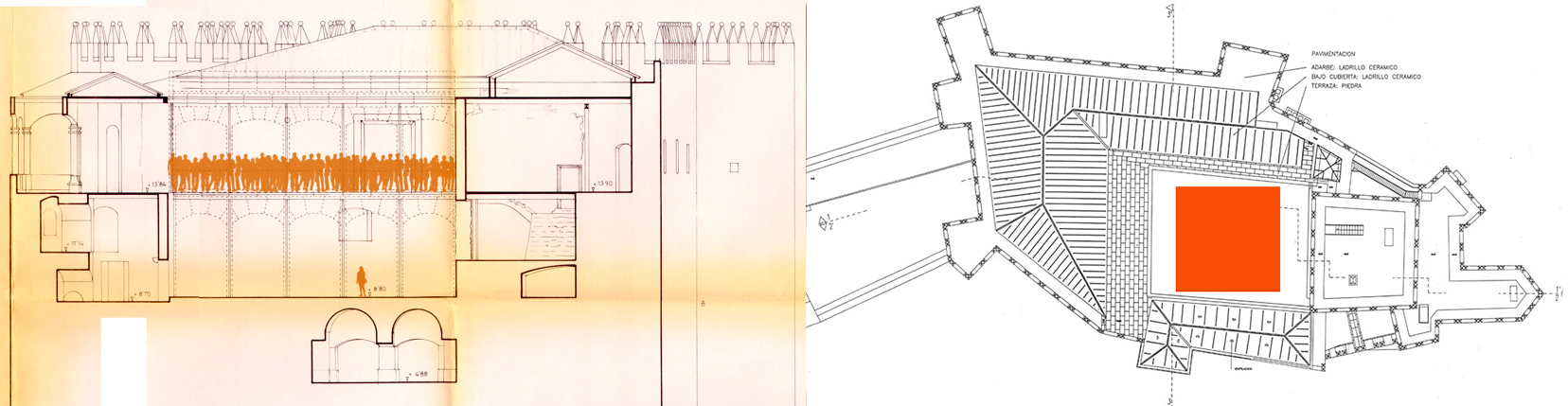 Elevation and plan of the Patio de Honor illustarting the size of the installation.
