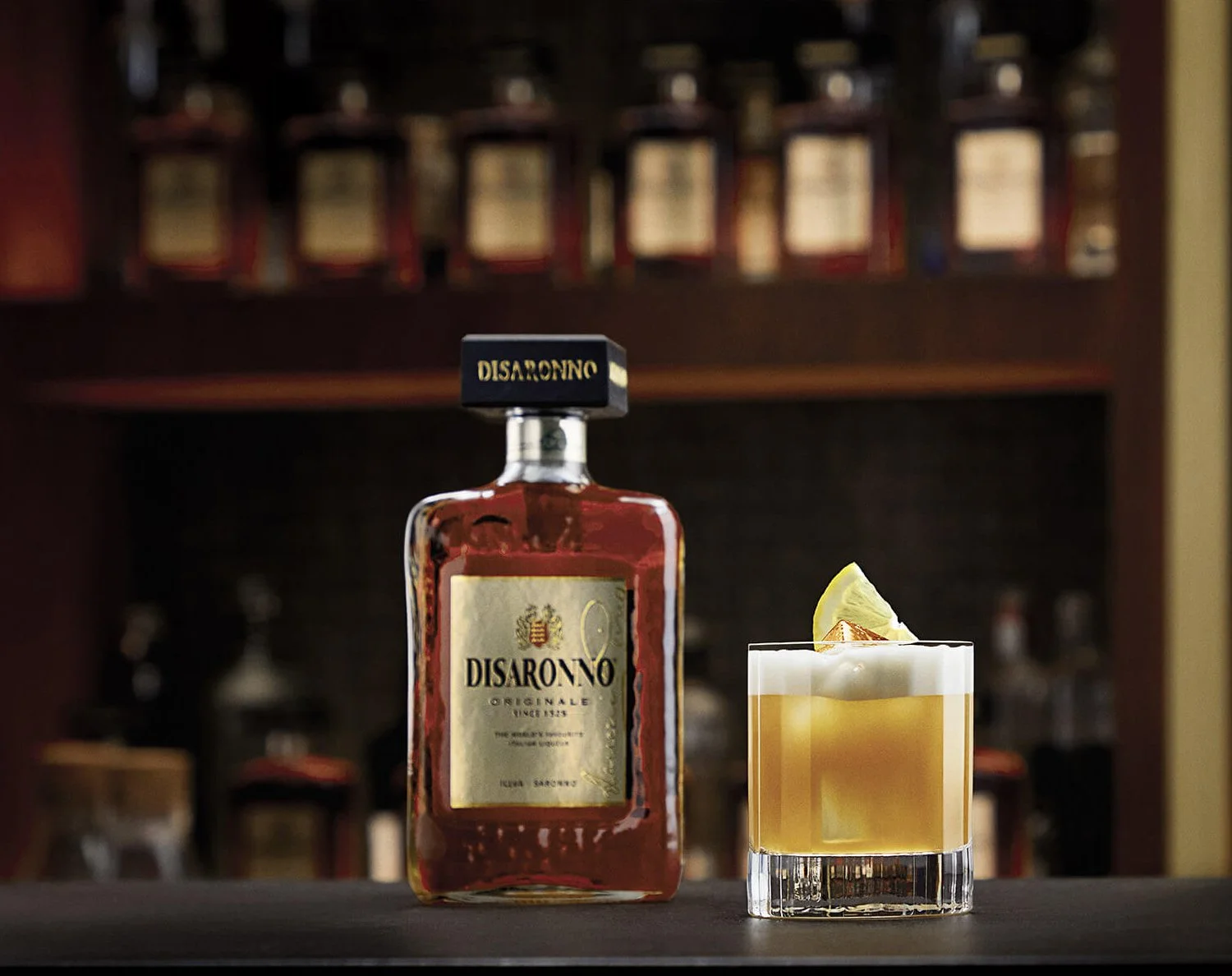 Disaronno bottle and cocktail